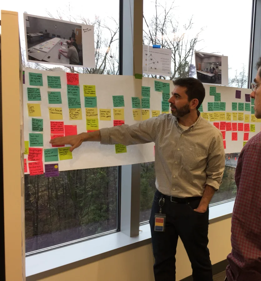 Matt Wallens facilitating a service design workshop, reviewing journey map findings on a wall of sticky notes